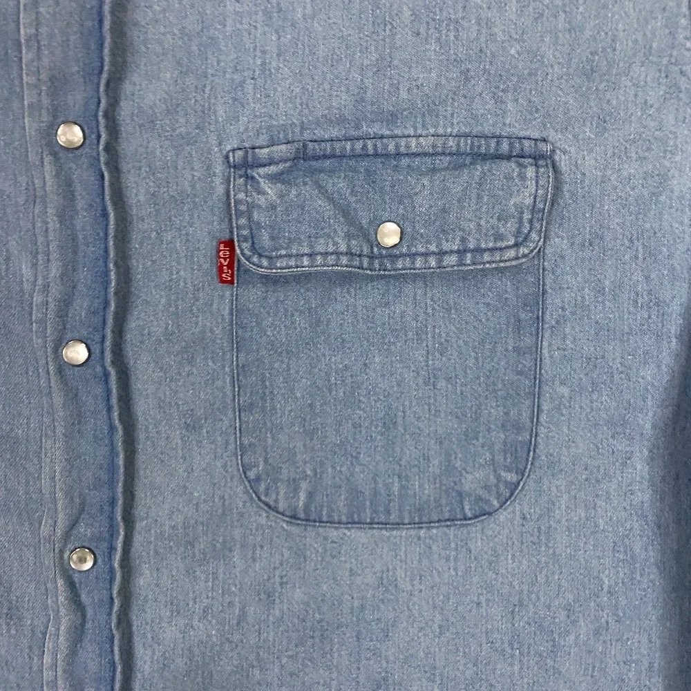 Levis Denim Western Shirt Mens Large Pearl Snap Diamond Label Blue Jean Vintage